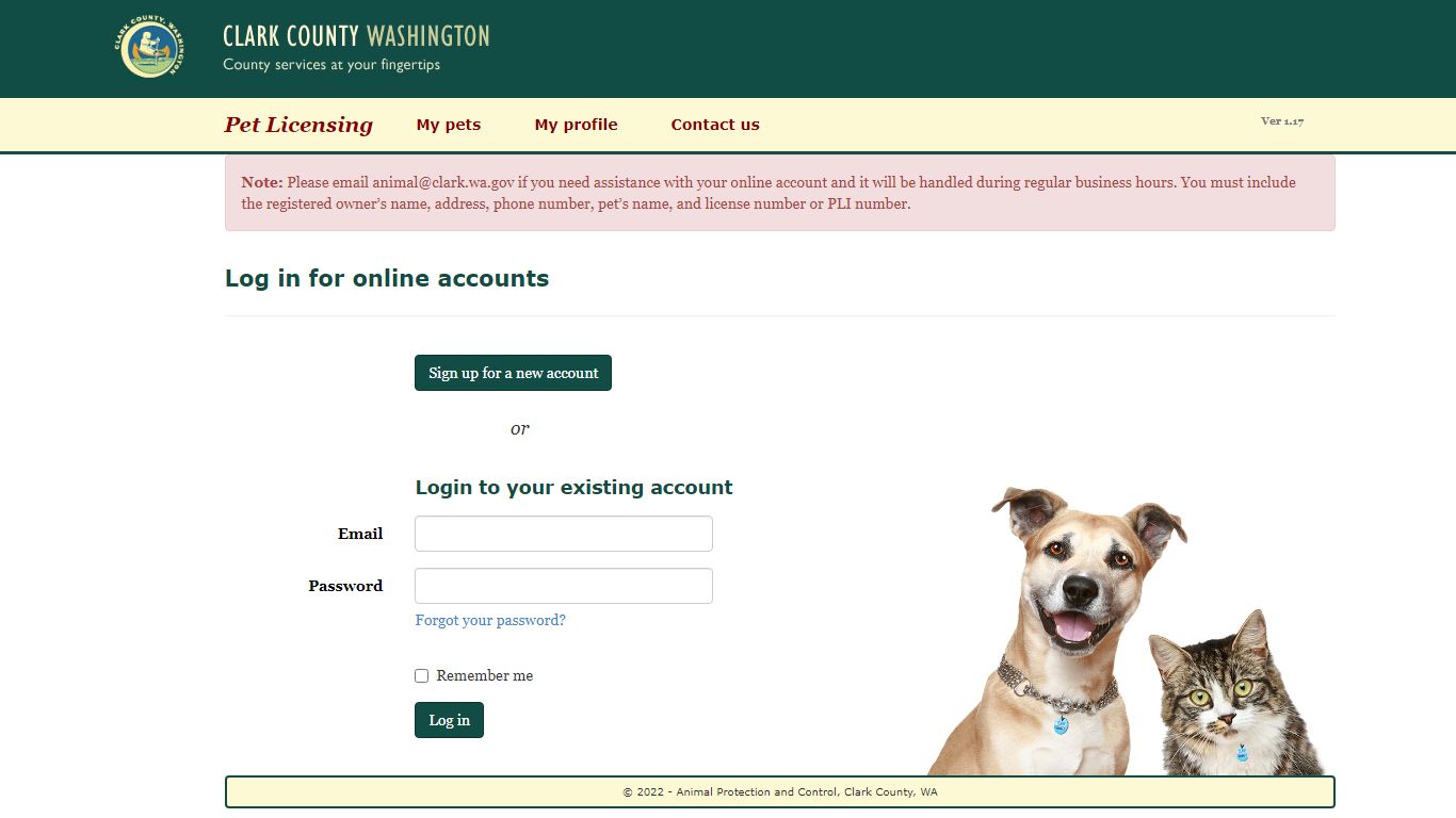 Log in for online accounts - Pet Licensing, Clark County, WA